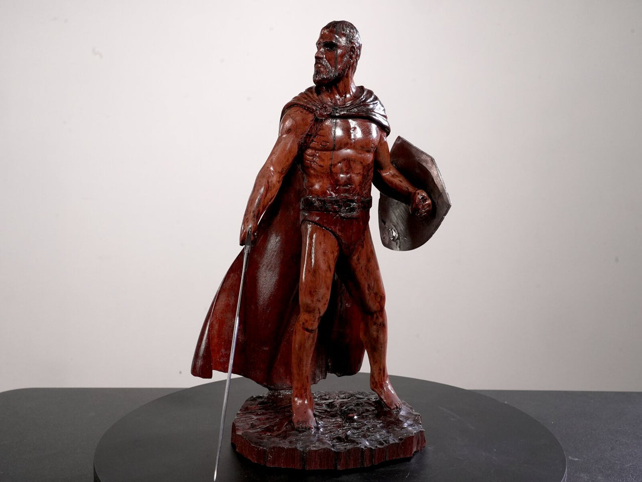 "Wooden Warrior with Steel Sword and Shield" — Original Sculpture by Jazza